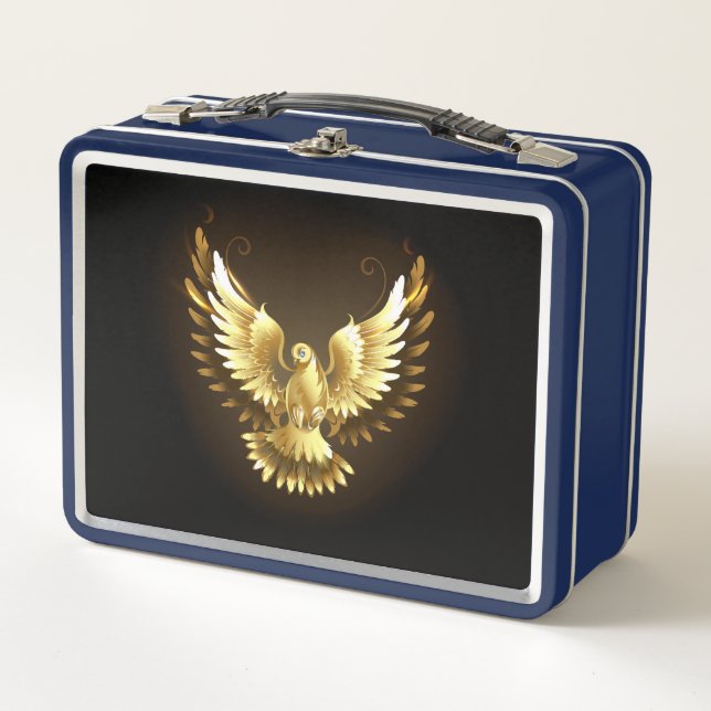 Faux Gold Foil Peace Dove on Black Metal Lunch Box (Front)
