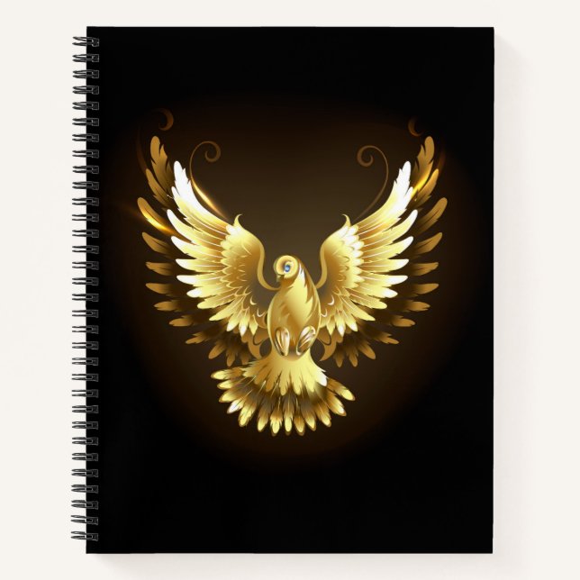 Faux Gold Foil Peace Dove on Black Notebook (Front)