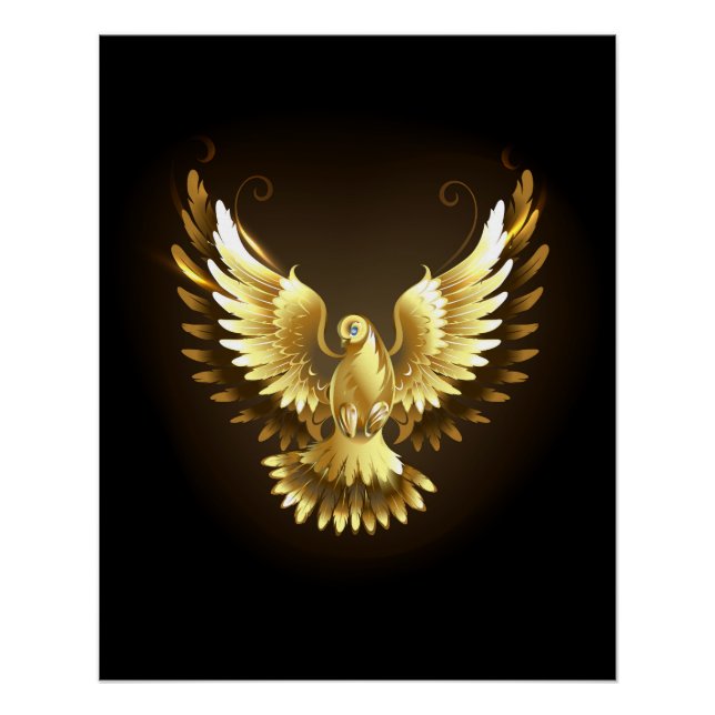 Faux Gold Foil Peace Dove on Black Poster (Front)