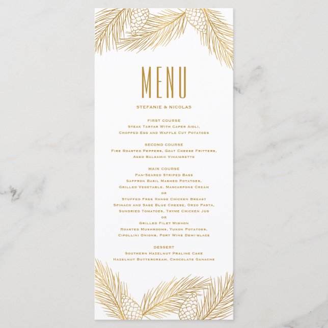 Faux Gold Foil Pine Cones & Pine Needles Menu Card (Front)