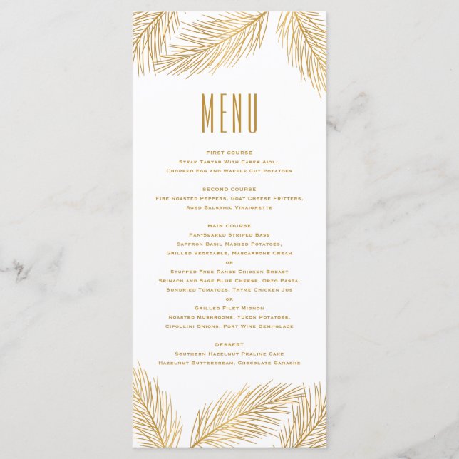 Faux Gold Foil Pine Needles Menu Card (Front)