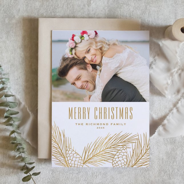 Faux Gold Foil Pine Needles Photo Merry Christmas Holiday Card (Creator Uploaded)