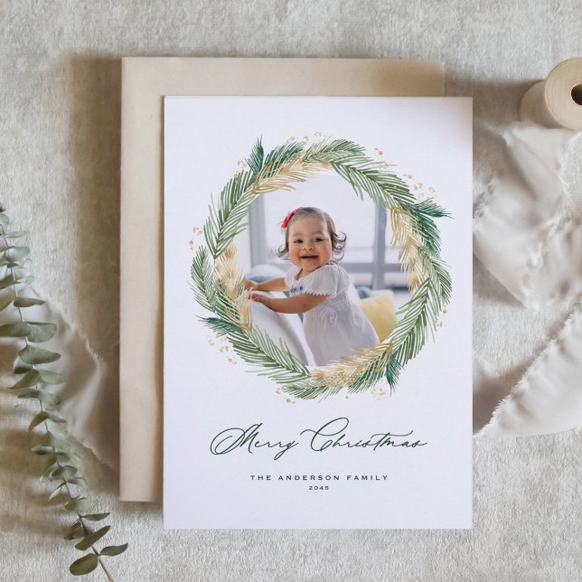 Faux Gold Foil Pine Needles Wreath Merry Christmas Holiday Card (Faux Gold Foil Pine Needles Wreath Merry Christmas Photo Holiday Card)
