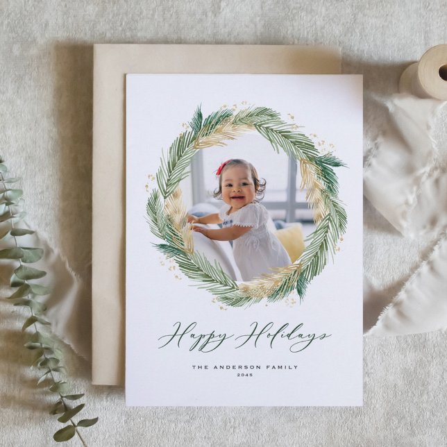 Faux Gold Foil Pine Needles Wreath Photo Holiday Card (Faux Gold Foil Pine Needles Wreath Photo Holiday Card)