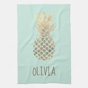 faux gold foil pineapple design on mint kitchen towel
