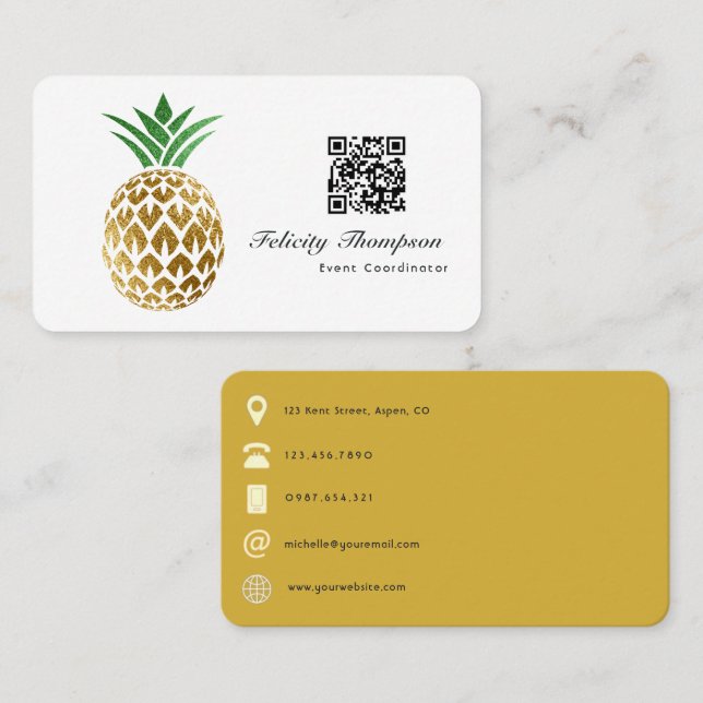 Faux Gold Foil Pineapple QR Code Business Card (Front/Back)