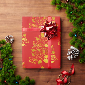 Faux Gold Foil Poinsettias Christmas Trees Wrapping Paper