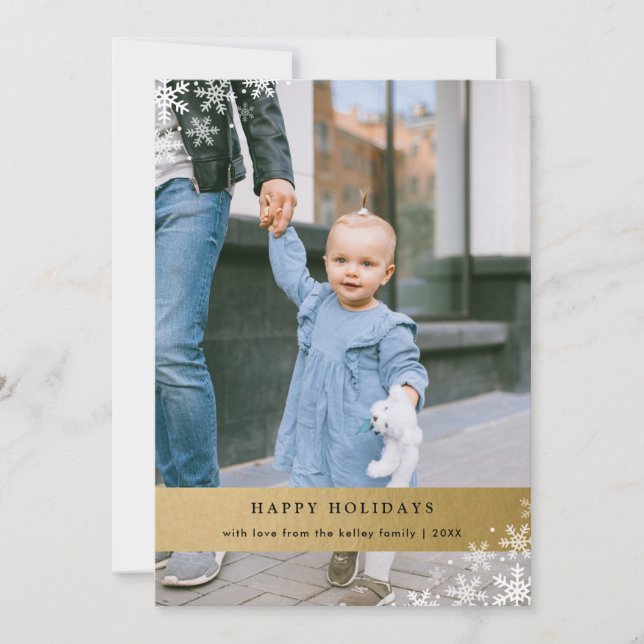 Faux Gold Foil Snowflake Accents Vertical Photo Holiday Card (Front)