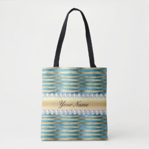 Faux Gold Foil Stripes on Wavy Blue Metallic Tote Bag