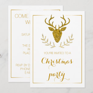 Faux Gold Foil Textured Deer Head Christmas Party Invitation
