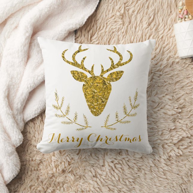 Faux Gold Foil Textured Deer Head Christmas Throw Pillow (Blanket)