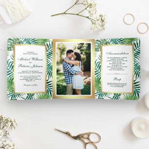 Faux Gold Foil Tropical Palm Leaves Photo Wedding Tri-Fold Invitation
