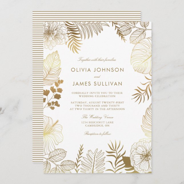 Faux Gold Foil Tropical Plants Frame Wedding Invitation (Front/Back)