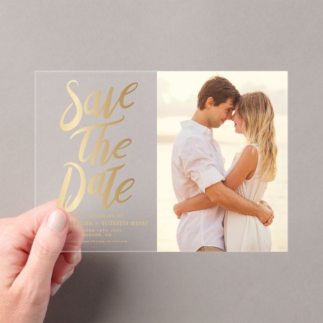 Faux Gold Foil Typorgraphy and Polka Dots Photo Acrylic Invitations (Insitu (Handheld))