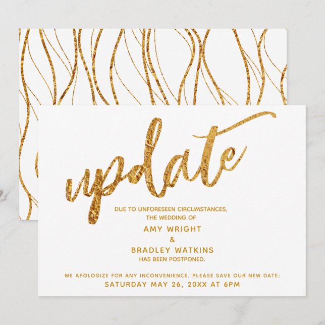 Faux Gold Foil Waves Postponed Wedding White Card (Front/Back)