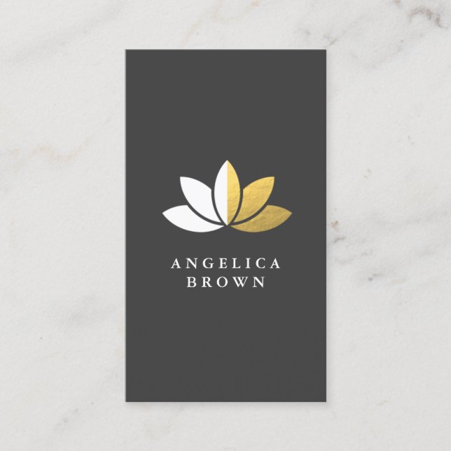 Faux Gold Foil & White Lotus Flower Business Card (Front)