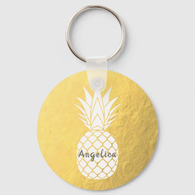 Faux Gold Foil White Pineapple Keychain (Front)