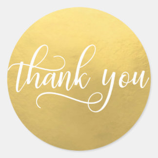 Faux GOLD FOIL White Script Calligraphy Thank You Classic Round Sticker