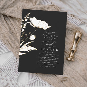 Faux Gold Foil Wildflowers Unique Black Wedding Invitation
