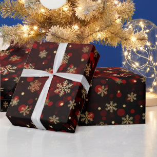 Faux Gold Foil Winter Snowflakes & red bokeh Wrapping Paper