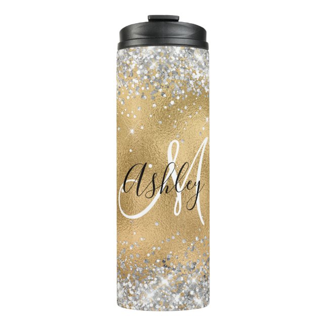 Faux Gold Foil with Sparkly Glitter Monogram Thermal Tumbler (Front)