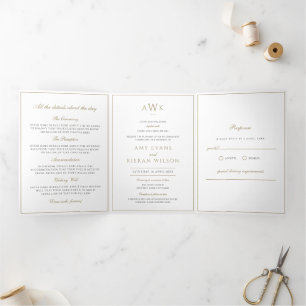 Faux Gold Formal Traditional Script Wedding Tri-Fold Invitation