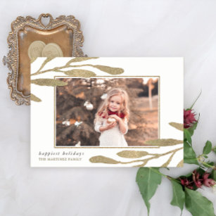 Faux Gold Frame with Botanical Leaves Photo Holiday Card