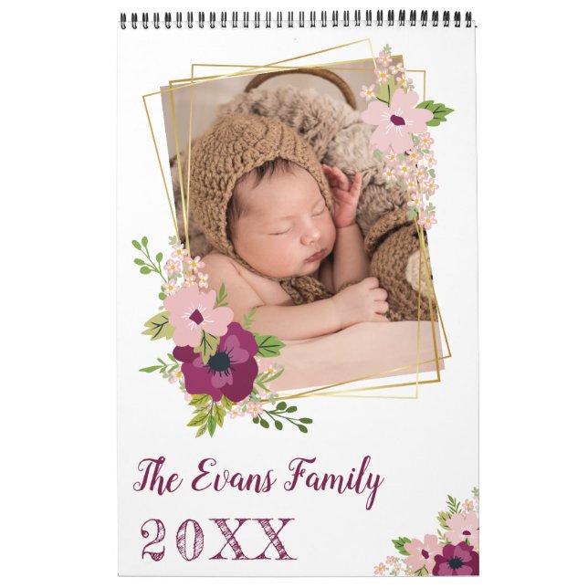 Faux Gold Geo Frames Floral Photos & Notes Calendar (Cover)