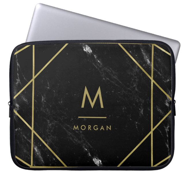 Faux Gold Geometric Design on Black Marble Look Laptop Sleeve (Front)