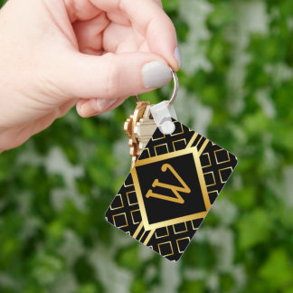 FAUX Gold Geometric INITIAL only Pattern on BLACK Keychain