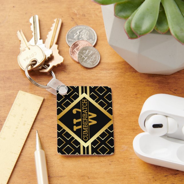 FAUX Gold Geometric MONOGRAM Pattern on BLACK Keychain (Desk)