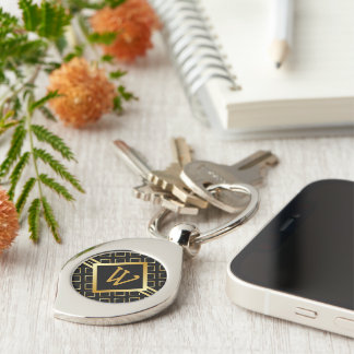 FAUX Gold Geometric Pattern INITIAL only on BLACK Keychain