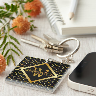 FAUX Gold Geometric Pattern MONOGRAM on BLACK Keychain