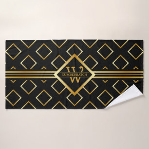 FAUX Gold Geometric Pattern with Monogram on BLACK Bath Towel Set