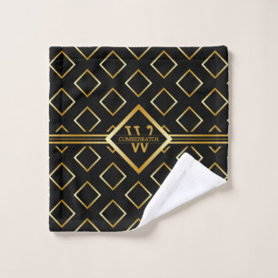 FAUX Gold Geometric Pattern with Monogram on BLACK Bath Towel Set
