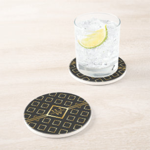 FAUX Gold Geometric Pattern with Monogram on BLACK Coaster