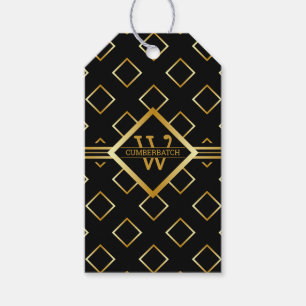 FAUX Gold Geometric Pattern with Monogram on BLACK Gift Tags