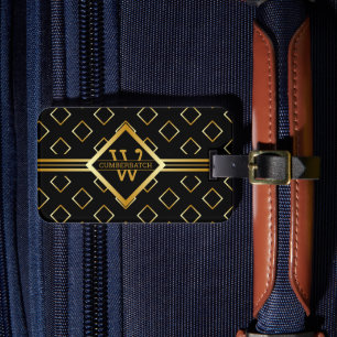 FAUX Gold Geometric Pattern with Monogram on BLACK Luggage Tag