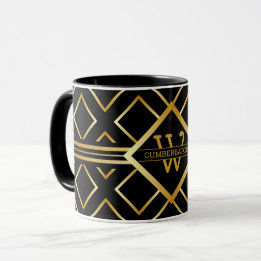 FAUX Gold Geometric Pattern with Monogram on BLACK Mug