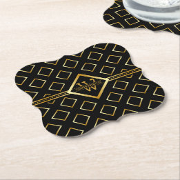FAUX Gold Geometric Pattern with Monogram on BLACK Paper Coaster