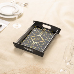 FAUX Gold Geometric Pattern with Monogram on BLACK Serving Tray