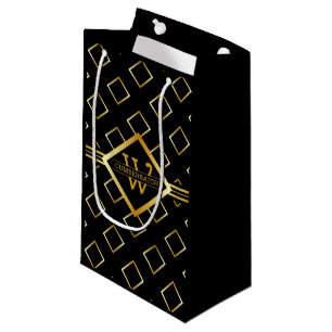 FAUX Gold Geometric Pattern with Monogram on BLACK Small Gift Bag