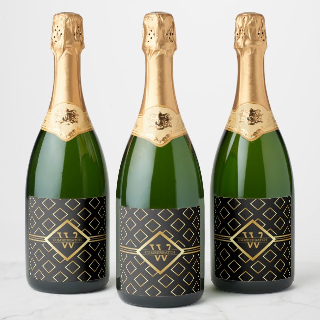 FAUX Gold Geometric Pattern with Monogram on BLACK Sparkling Wine Label (Bottles)