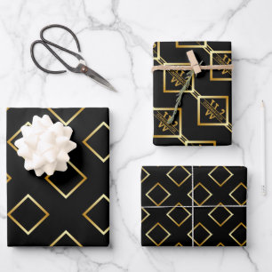 FAUX Gold Geometric Pattern with Monogram on BLACK Wrapping Paper Sheet