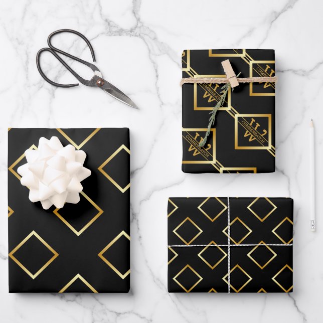 FAUX Gold Geometric Pattern with Monogram on BLACK Wrapping Paper Sheet (Front)