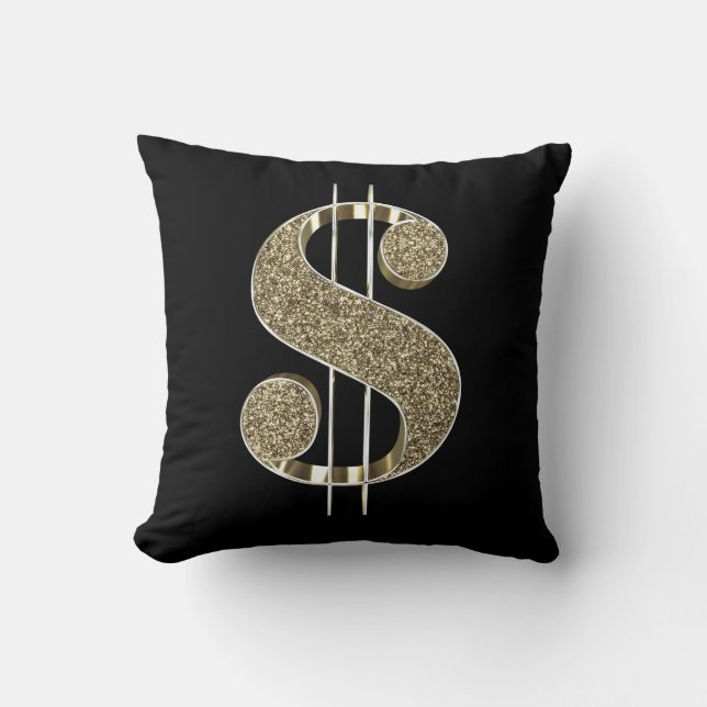 Faux Gold Glitter 3D Dollar Sign Throw Pillow (Front)