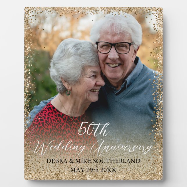 Faux Gold Glitter 50th Wedding Anniversary Photo Plaque (Front)