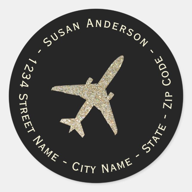  Faux Gold Glitter Airplane Return Address Label (Front)