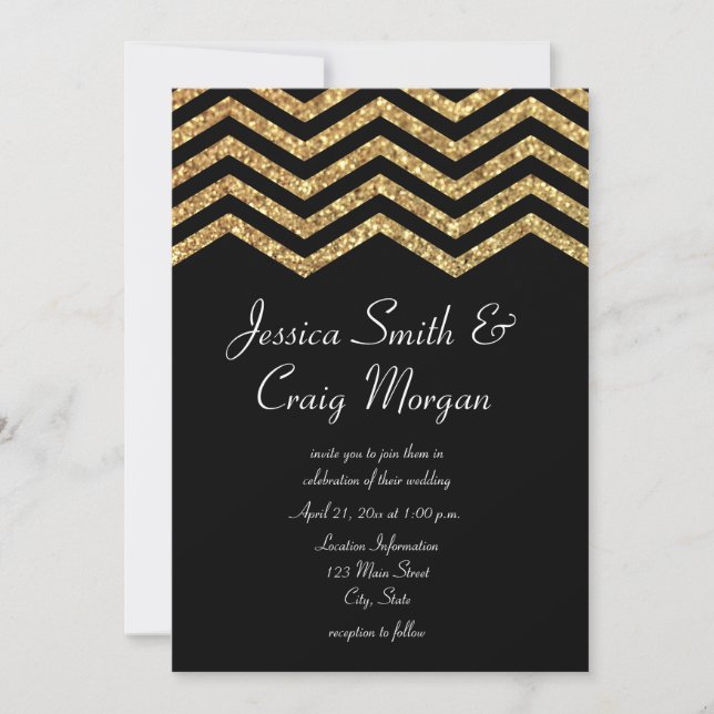 Faux Gold Glitter and Black Chevron Wedding Invitation (Front)