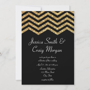 Faux Gold Glitter and Black Chevron Wedding Invitation